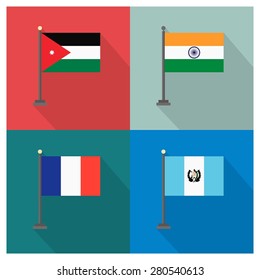 Flag of the India - Flag of the Guatemala - Flag of the Jordan - Flag of the France - The flat design of the 4 country flag on the flagpole . Modern World Flag design, Vector illustration template