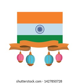 flag of india with hanging colorful lanterns and a ribbon icon cartoon vector illustration graphic design