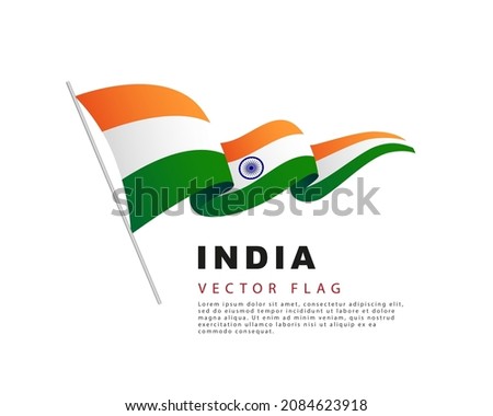 The flag of India hangs from a flagpole and flutters in the wind. Vector illustration isolated on white background. Indian flag colorful logo.