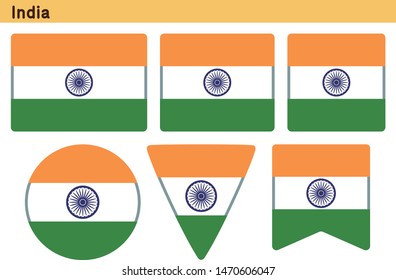Flag of India. Flag icon set of six different shapes. Vector Illustration.
