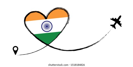 Flag India, Indian. Heart, Love Romantic Travel. Symbol Of  Airplane, Air Plane, Aircraft, Aeroplane, Flying, Fly Jet Airline. Line Path. Vector Location Pointer Route. Travel. 