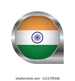 Flag of India, location map pin, pointer flag, button with the reflection of light and shadow, silver frame, Icon country. Realistic vector illustration on white background.