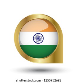 Flag of India, location map pin, pointer flag, button with the reflection of light and shadow, gold frame, Icon country. Realistic vector illustration on white background.