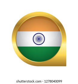 Flag of India, location map pin, pointer flag, button with the reflection of light and shadow, gold frame, Icon country. Realistic vector illustration on white background.