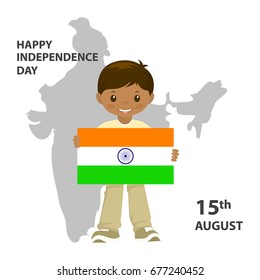 The Flag Of India. Official colors and proportion correctly. A boy is holding a flag. Indian Independence Day concept background with Ashoka wheel. Vector Illustration.