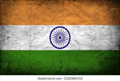 Bandera de la India. Bandera vieja y gastada de cerca. Ilustración vectorial.