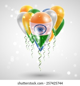 Flag of India on air balls in heart-shaped. Celebration and gifts. Ribbon in  colors are twisted under the balloon. Independence Day. Balloons on the feast of the national