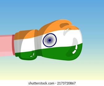 Flag of India on boxing glove. Confrontation between countries with competitive power. Offensive attitude. Separation of power. Template ready design.