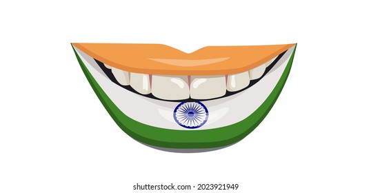 The flag of India on the lips. A woman's smile with white teeth. Vector illustration.