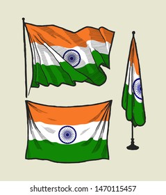 Flag of India on the wind and on the wall - vector illustration set