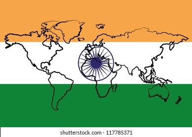 The flag of India with the outline of the world