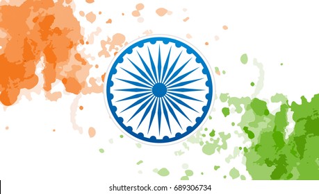 Flag of India vector illustration, Ashoka chakra wheel (spinning wheel) with beautiful watercolor splash.