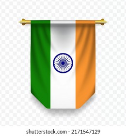 Bandera de la India. Ilustración vectorial de una bandera vertical colgante sobre un fondo transparente (PNG). 