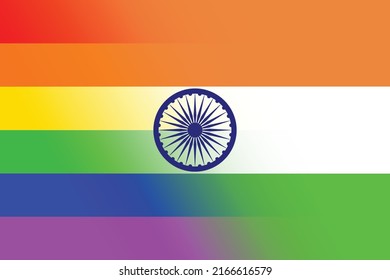 The flag of India in white green and orange with LGBTQ rainbow flag overlay