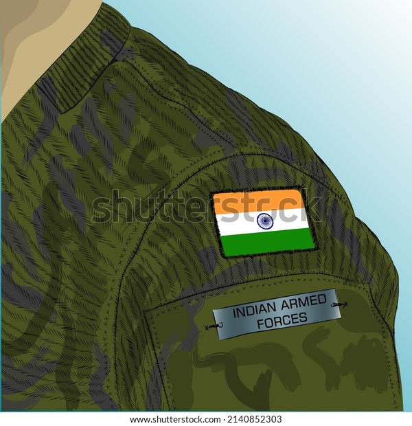Flag of\
Indian Republic on soldier arm. Indian\
army	