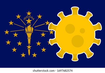 Flag of Indiana State With Outbreak Viruses Background of USA State flag. Novel Coronavirus Disease COVID-19. Coronavirus Infection And The Epidemic In America. USA Lockdown.