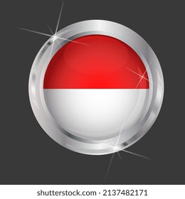 Flag of Indonesia in circle. 3D effect. Glossy and shiny button with metal frame and sparkles. Light reflection. Round Graphic design element. Isolated on gray background. Vector image EPS10