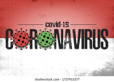 Flag of Indonesia with coronavirus covid-19. Virus cells coronavirus bacteriums against background of the flag of Indonesia. Coronavirus outbreak in Indonesia. Mode quarantine. Vector illustration