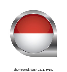 Flag of Indonesia, location map pin, pointer flag, button with the reflection of light and shadow, silver frame, Icon country. Realistic vector illustration on white background.