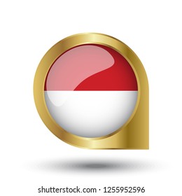Flag of Indonesia, location map pin, pointer flag, button with the reflection of light and shadow, gold frame, Icon country. Realistic vector illustration on white background.
