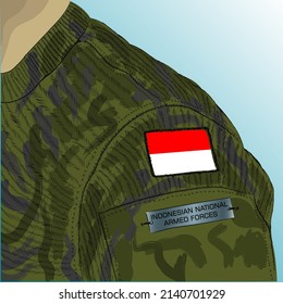 Flag Of Indonesia On Soldier Arm. Indonesian National Armed Forces	