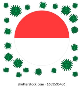 Flag of Indonesia with outbreak deadly coronavirus covid-19. Banner with the spread of Coronavirus 2019-nCoV virus strain. A large coronavirus bacteriums against background of the national flag