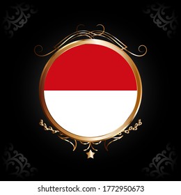 Flag of Indonesia round icon with gold Circle Frame, badge or button. Indonesia national symbol. Vector illustration.