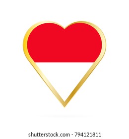 Flag of Indonesia in the shape of Heart, symbol of Love Gold version.