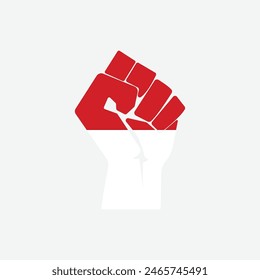 Flag of Indonesia in the shape of raised hand sign isolated on background. Fist symbol modern, simple, vector, icon for website design, mobile app, ui. Vector Illustration