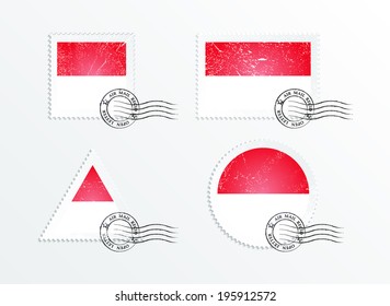 Flag of Indonesia. Stamps with the image of the flag. Stamp with flag. Triangular stamp, stamp rectangular, round stamp, square stamp. Mark in grungy style. Battered mark. Old label.