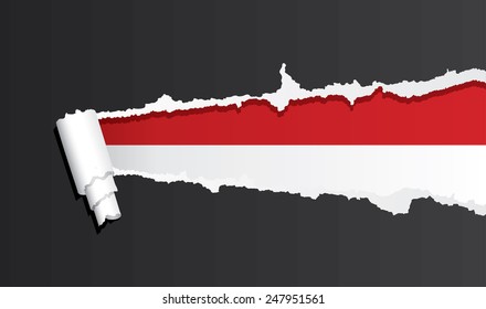 Flag of Indonesia under ripped paper vector illustration.