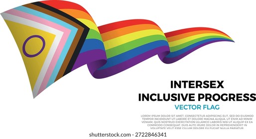 Flag der Intersex Inclusive Progress Community, Stolz-Flag Teil der LGBTQ Community. Auf sauberem, weißem Hintergrund mit Community-Namen und Kopienraum. Eine leuchtende Vektorfahne, die in drei Ebenen gerendert wird und einen dynamischen Welleneffekt mit realistischen Schatten und Farbverläufen erzeugt. Die eleganten Kurven und realistischen Schattierungen schaffen ein Gefühl der Bewegung und machen es ideal für offizielle Themen, internationale Projekte, Reisematerialien und kulturelle Präsentationen