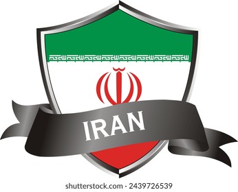 Flag of iran as around the metal silver shield with iran flag