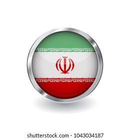 Flag of iran, button with metal frame and shadow. iran flag vector icon, badge with glossy effect and metallic border. Realistic vector illustration on white background.