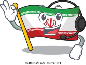 Flag iran cute cartoon character design with headphone