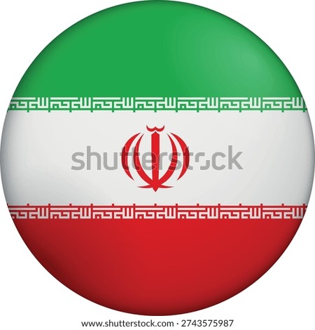 Flag of Iran. Glossy circular flag. Button appearance. 3D Icon Design with depth. Professional, tactile look. Perfect for representing national identity in digital interfaces and perfect for websites