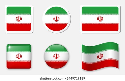 Flag of Iran icons collection. Flat stickers and 3d realistic glass vector elements on white background with shadow underneath.