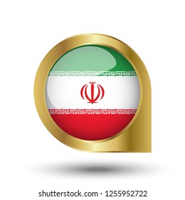 Flag of Iran, location map pin, pointer flag, button with the reflection of light and shadow, gold frame, Icon country. Realistic vector illustration on white background.