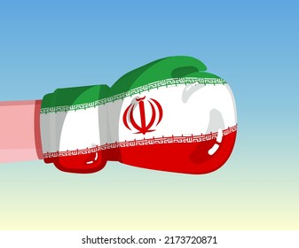 Flag of Iran on boxing glove. Confrontation between countries with competitive power. Offensive attitude. Separation of power. Template ready design.