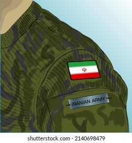 Flag Of Iran On Soldier Arm. Islamic Republic Of Iran Army	