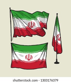 Flag of Iran on the wind and on the wall hand drawn vector illustration set