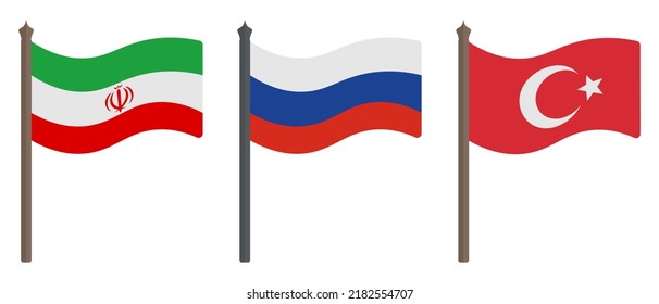 Flag of Iran, Russia and Turkey. Set of color vector illustrations. Symbols of the states. Political themes. Flat style. National sign. Isolated background. Idea for web design.