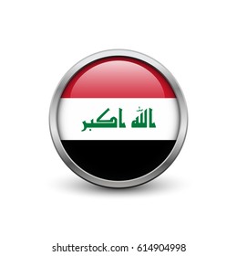 Flag of Iraq, button with metal frame and shadow