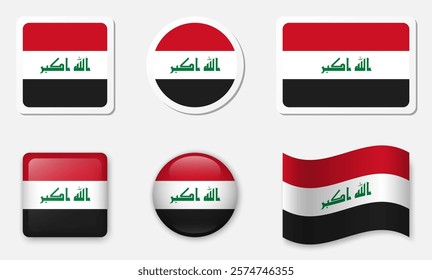 Flag of Iraq icons collection. Flat stickers and 3d glass vector elements on white background.