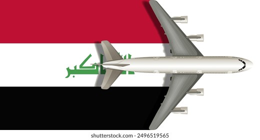 Flag of Iraq with a plane flying over it close up. Vector image.