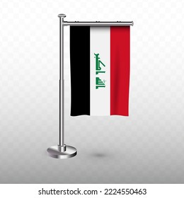 Flag of Iraq. Vector illustration of a vertical hanging flag with flagpole on a transparent background (PNG).