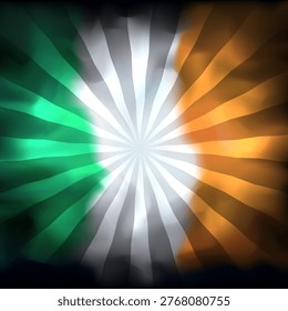 Flag of ireland. Abstract grunge background with sun rays. Irish flag. Watercolor dark background. Color grunge texture for creative design. Nation patriotic template. Ireland vector banner design