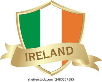 Flag of ireland as around the metal gold shield with ireland flag