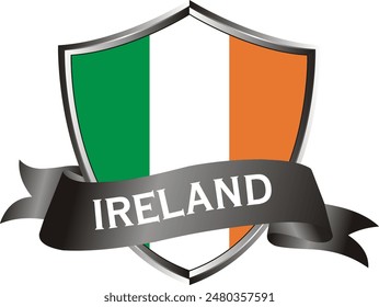 Flag of ireland as around the metal silver shield with ireland flag