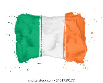 Flag of Ireland, brush stroke background.  Flag  Republic of Ireland on white background. Watercolor style for your design.  EPS10.